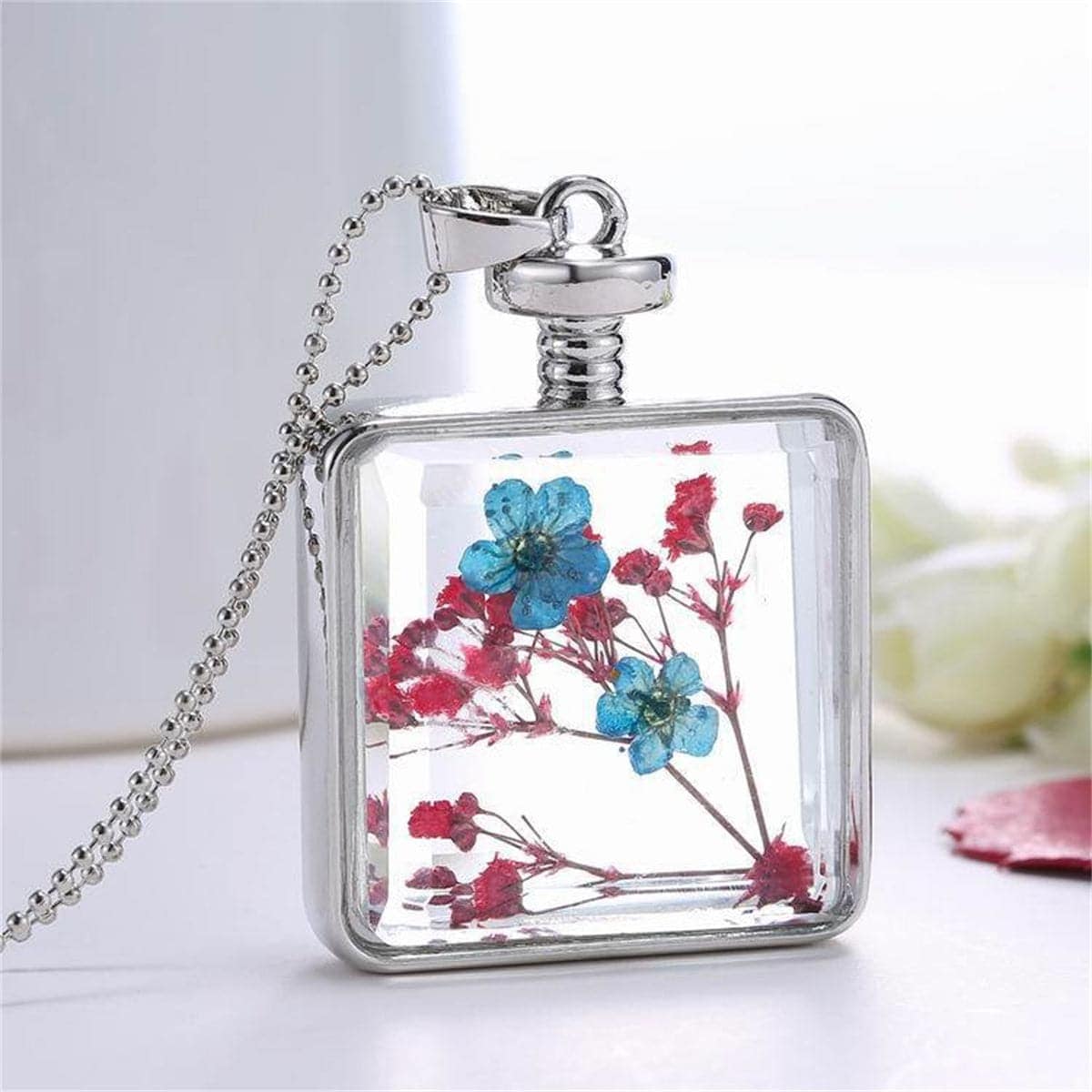 Blue & Red Pressed Flower Square Pendant Necklace