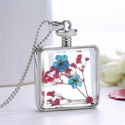 Blue & Red Pressed Flower Square Pendant Necklace