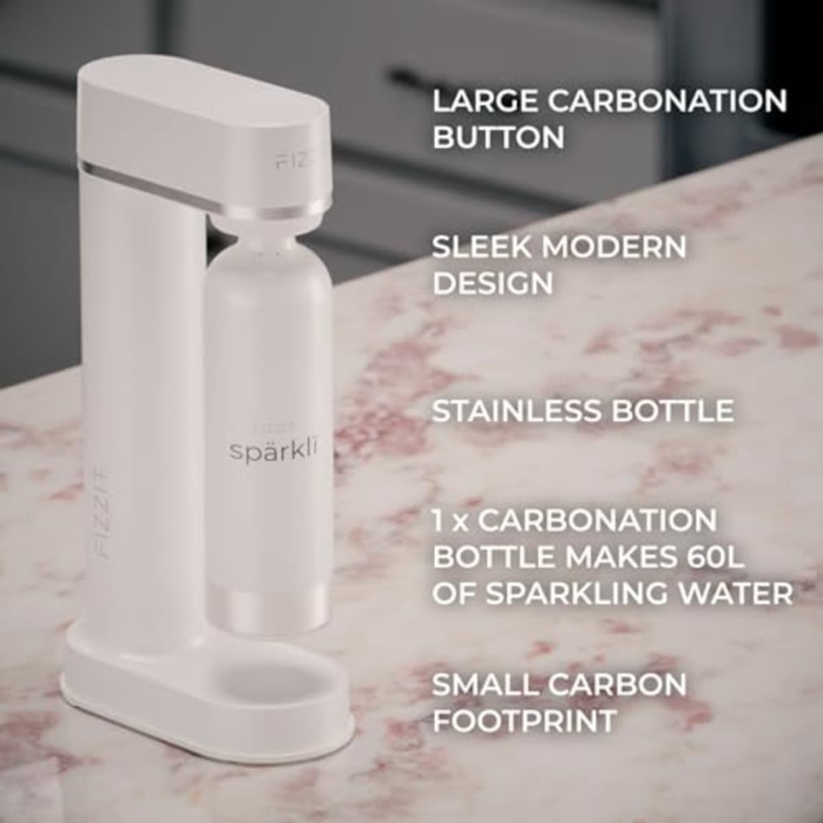 White Fizzit Spärklï Stainless Steel Sparkling Water Maker with 4 CO2 Cylinders & 1L Reusable Bottle – Soda Streaming Machine Carbonated Water Maker for Home – No Electricity Needed, Dishwasher Safe