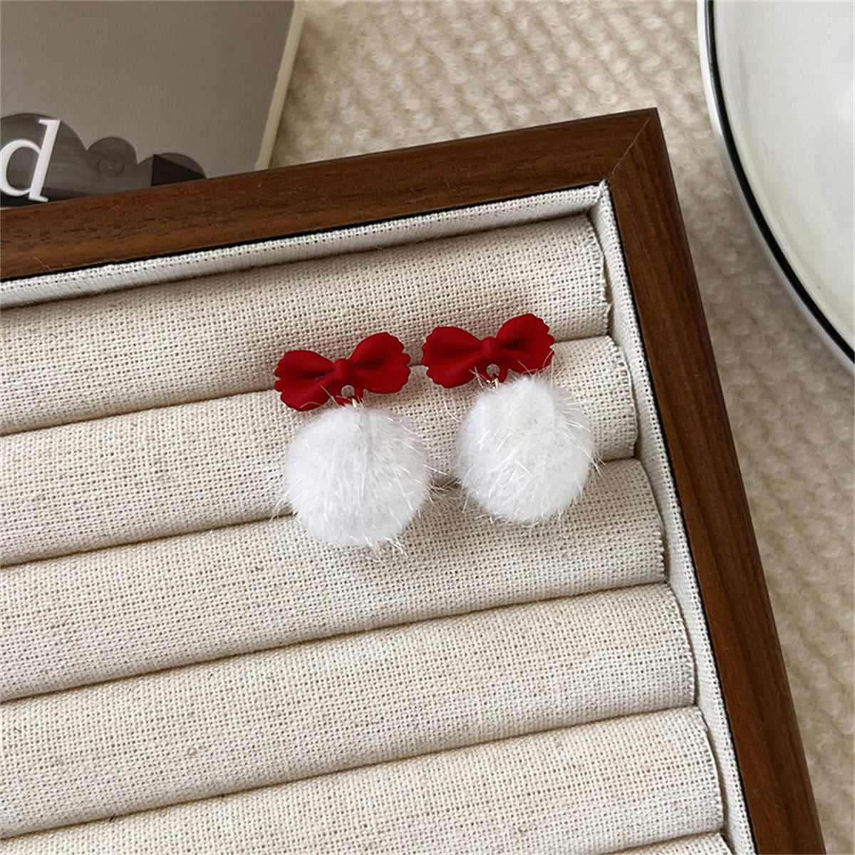 Red Enamel & White Pom-Pom Bow Drop Earrings