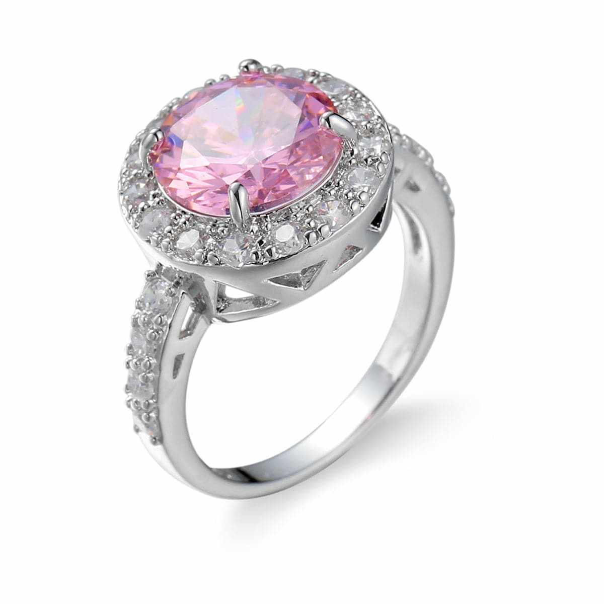 Pink Cubic Zirconia & Crystal Halo Round Ring