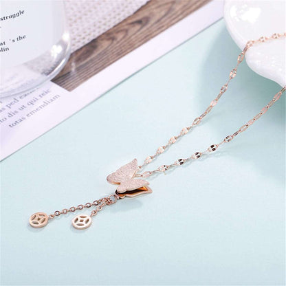 Rose Goldtone Frosted Butterfly Coin Tassel Pendant Necklace
