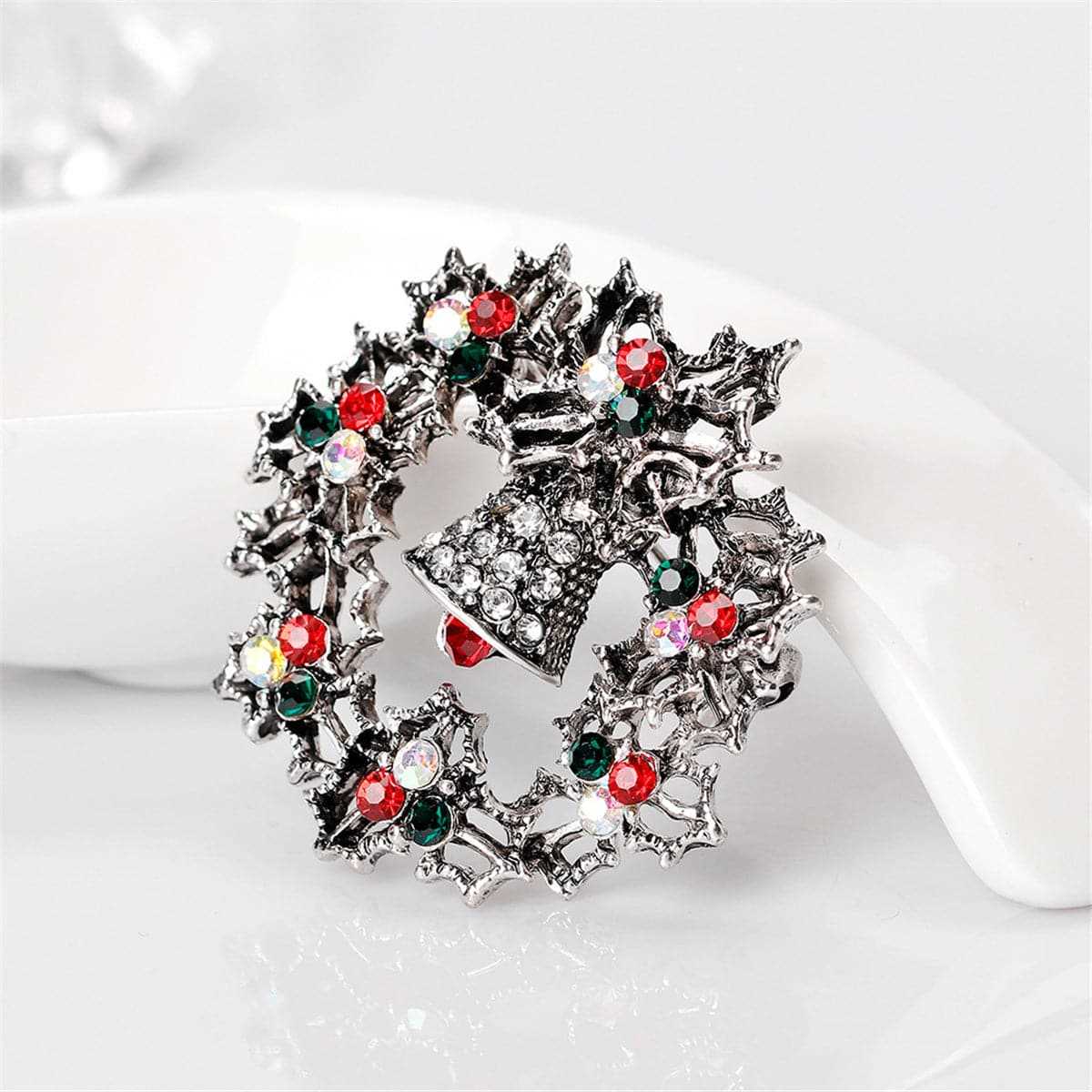 Cubic Zirconia & Silvertone Bell Wreath Brooch