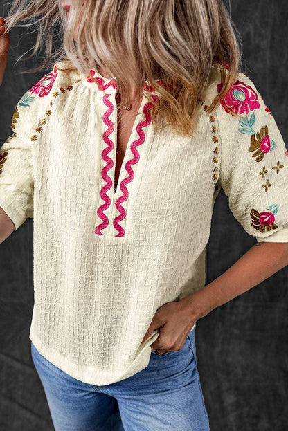 Threaded Pear August Floral Embroidered Puff Sleeve Blouse