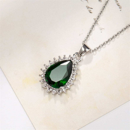 Green Crystal & Silvertone Pear-Cut Halo Pendant Necklace
