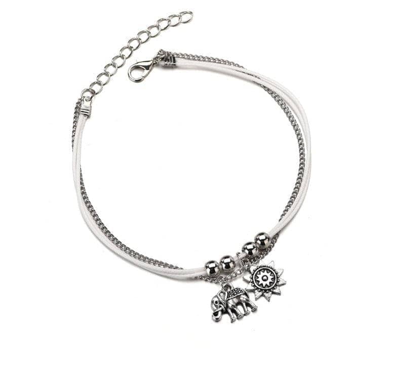 Silvertone Sun & Elephant Charm Anklet