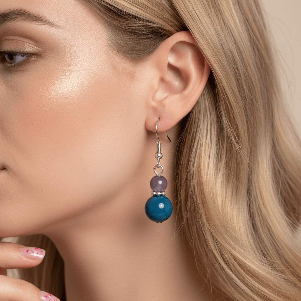 Purple & Blue Jade Silvertone ‌Gourd-Shape Hook Earrings