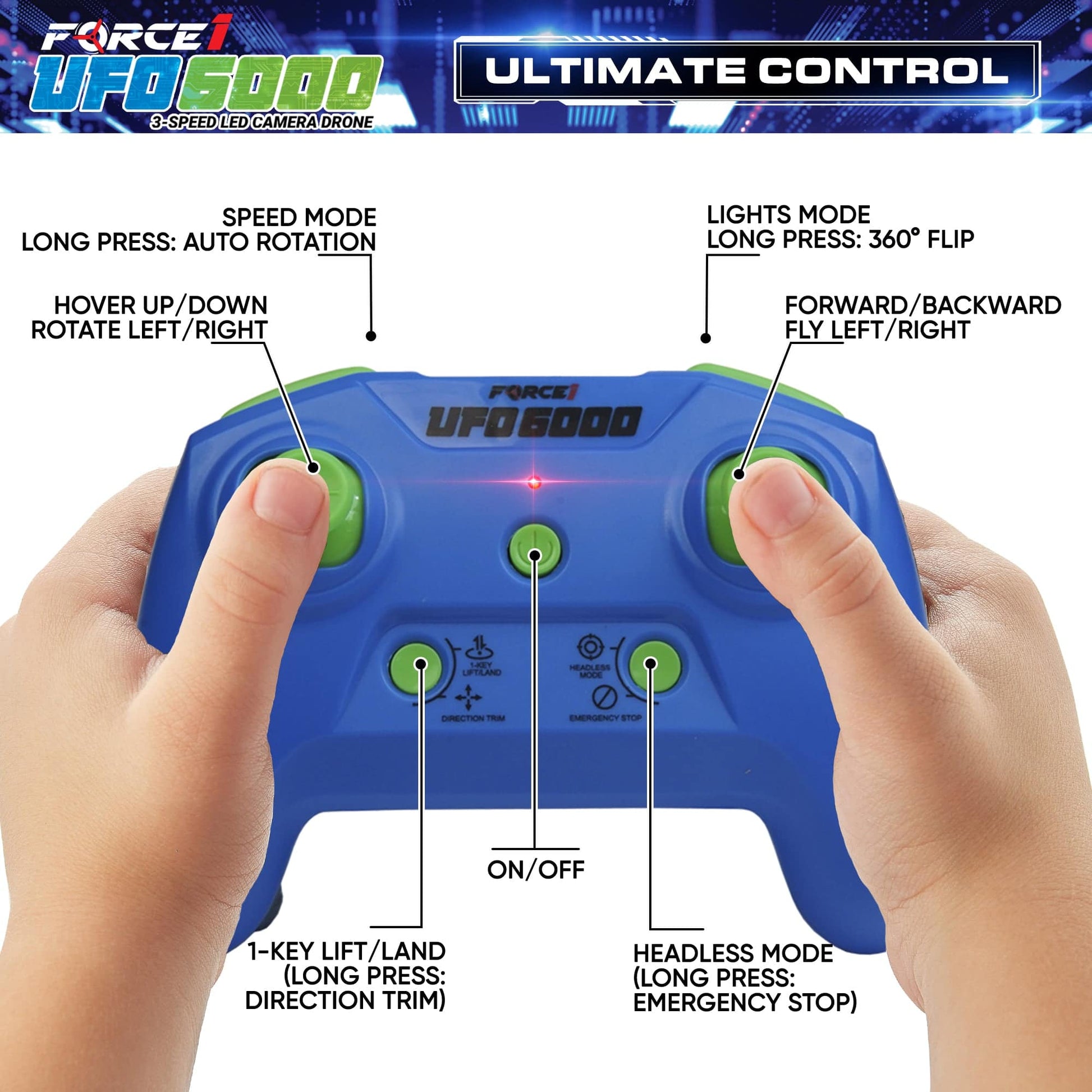 White drone, blue remote control, green and blue propellers-