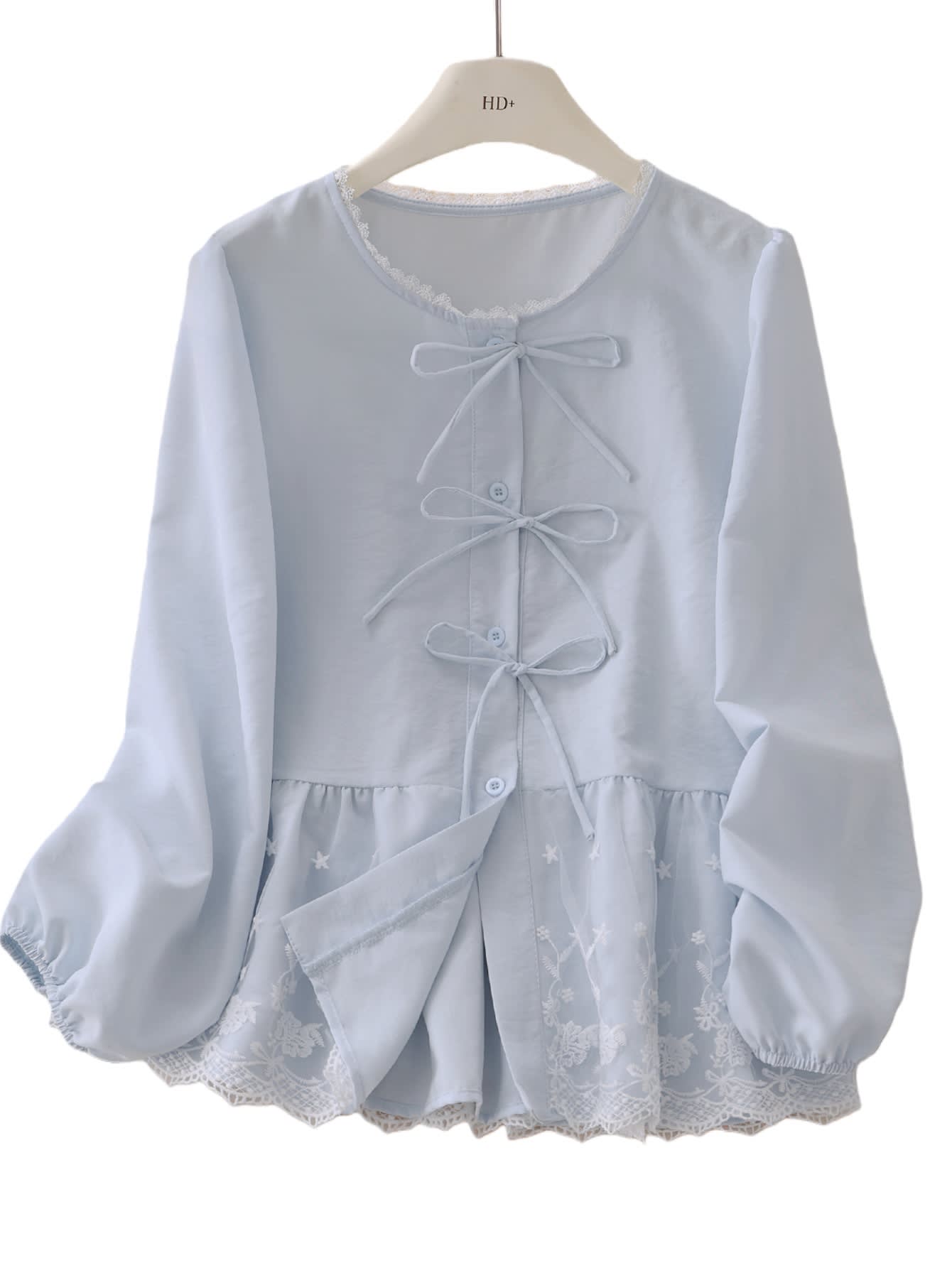 Chic YC Women's Lace Peplum Blouse 2026 Kawaii Bow-Tie Puff Long