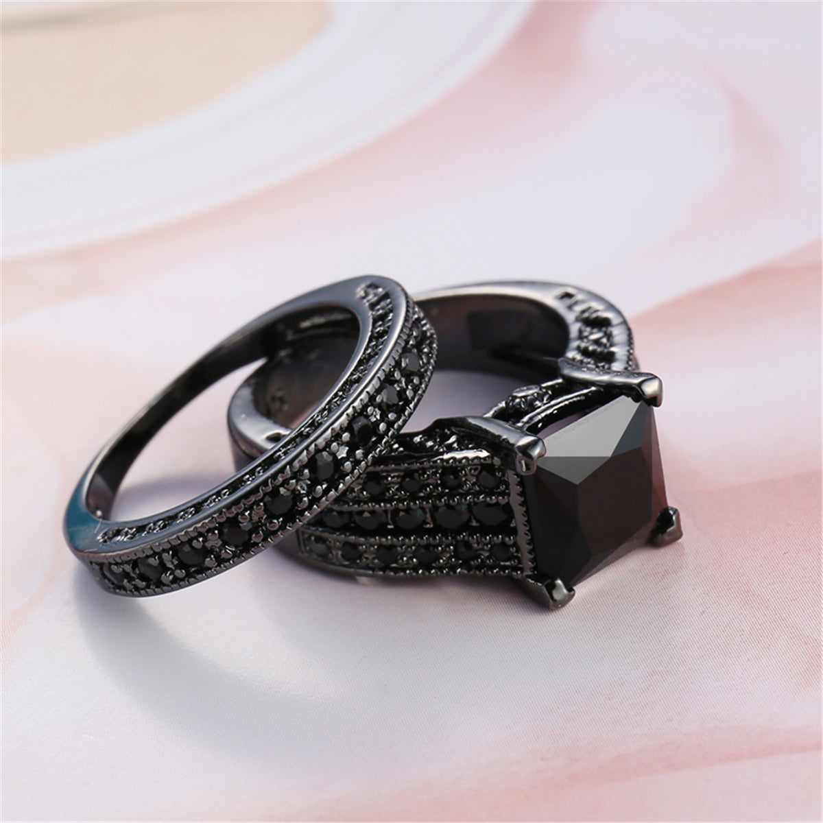 Black Crystal & Cubic Zirconia Band Ring Set-2