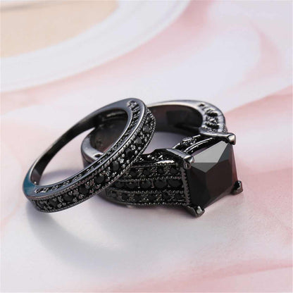 Black Crystal & Cubic Zirconia Band Ring Set-2