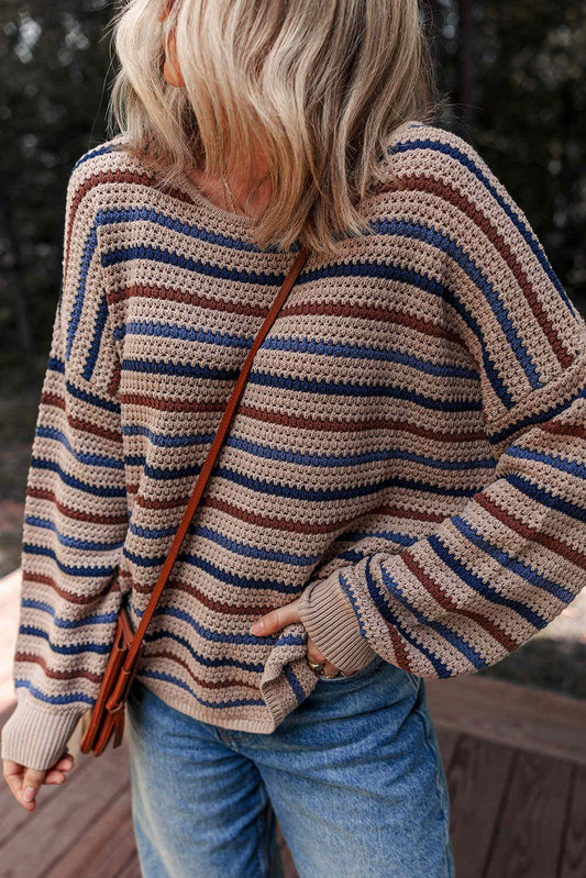 Threaded Pear Emery Striped Knitted Drop Shoulder Round Neck Sweater