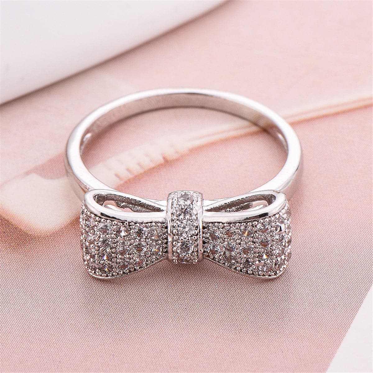 Cubic Zirconia & Silvertone Bow Ring