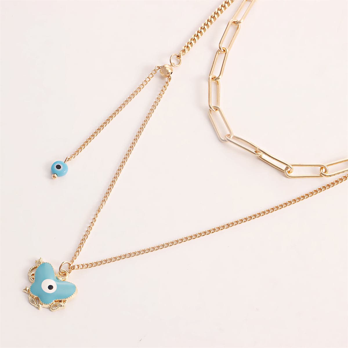 Blue Enamel & Goldtone Eye Butterfly Layered Drop Pendant Necklace