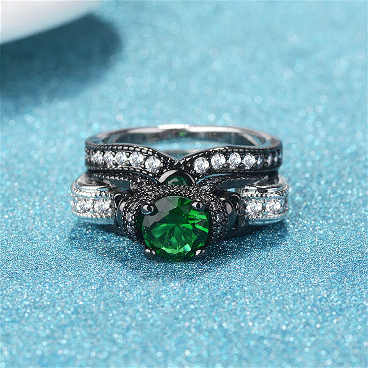 Green Crystal & Cubic Zirconia Two-Tone Skull Ring Set-2