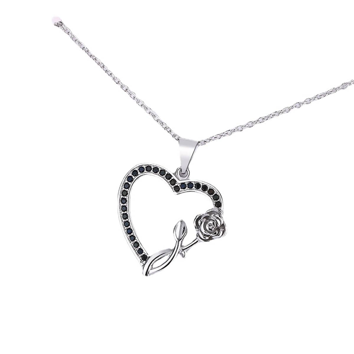 Black Cubic Zirconia & Silvertone Rose Heart Pendant Necklace