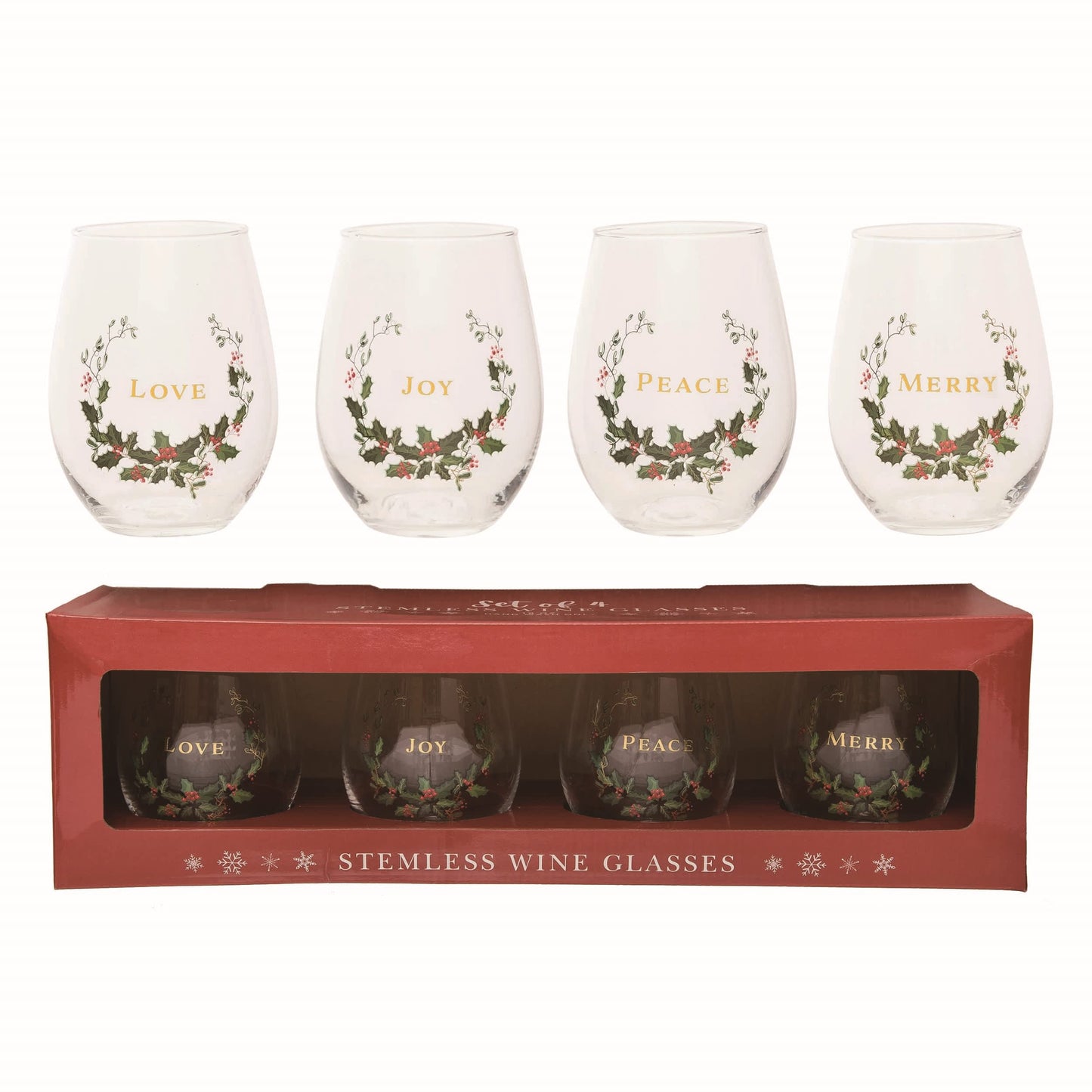 Set of 4 Clear 18oz Stemless Glasses Elegant Drinkware for Christmas Indoor Use and Gift Giving