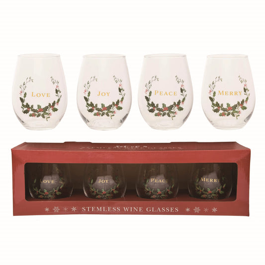 Set of 4 Clear 18oz Stemless Glasses Elegant Drinkware for Christmas Indoor Use and Gift Giving