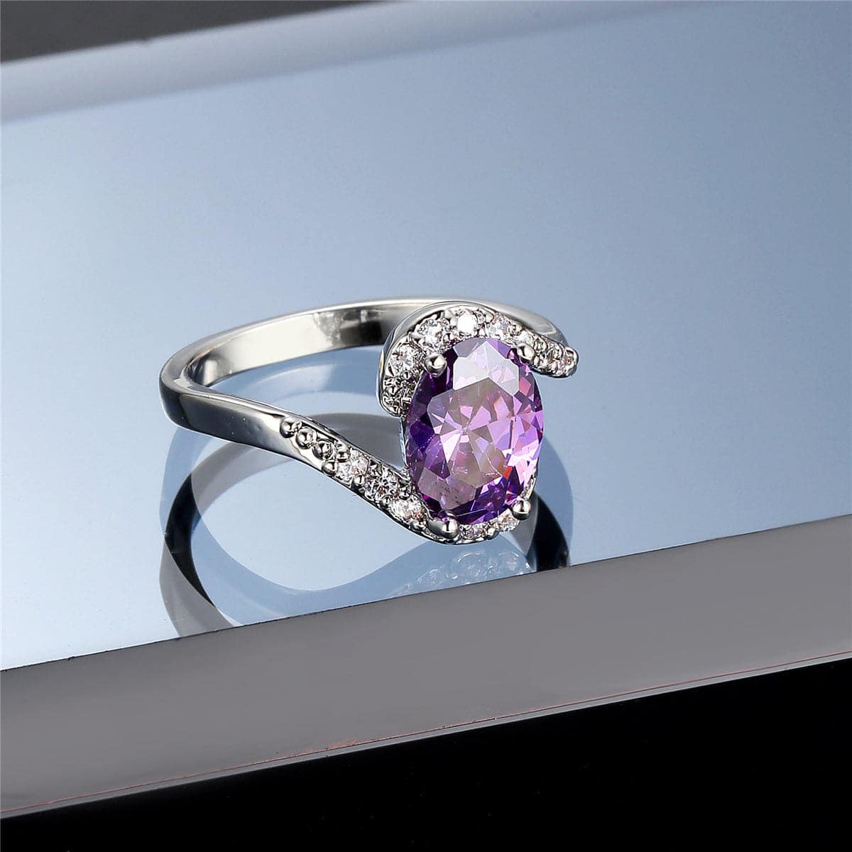 Purple Cubic Zirconia & Crystal Curve Oval Ring