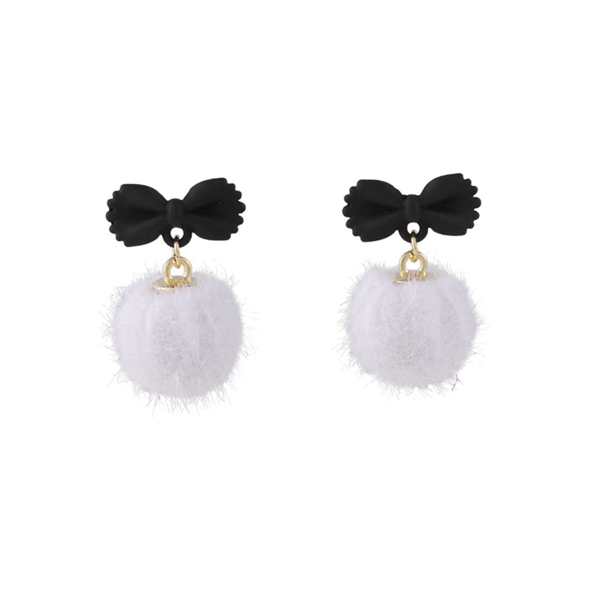 Black Enamel & White Pom-Pom Bow Drop Earrings