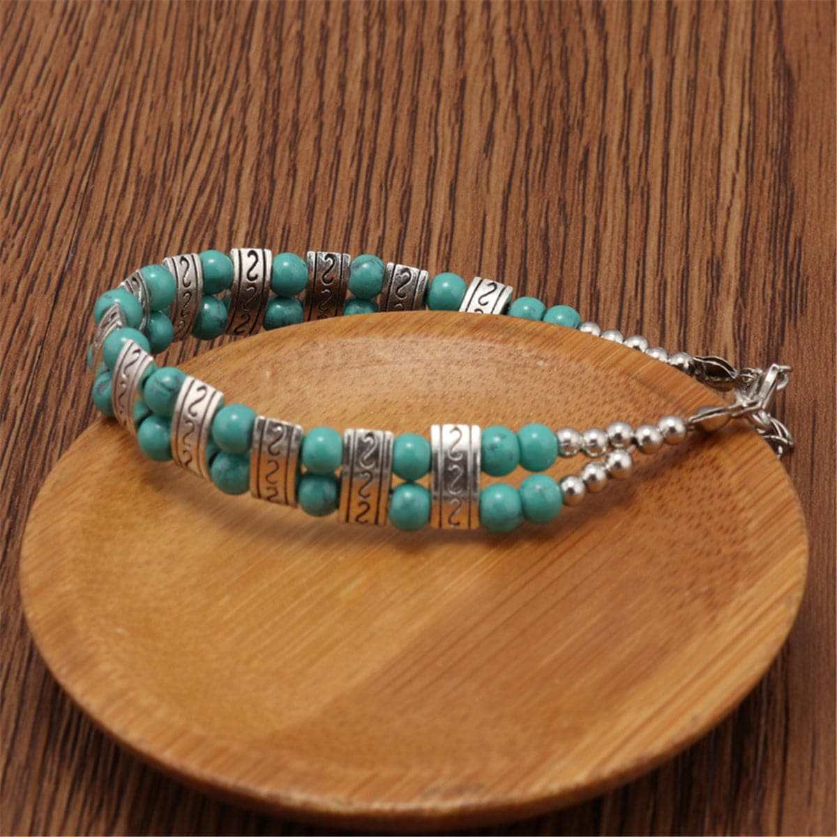 Turquoise & Silvertone Beaded Bracelet