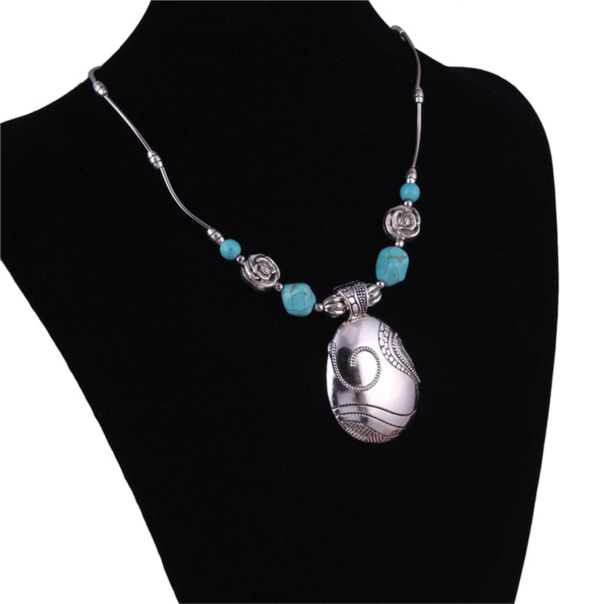 Turquoise & Silvertone Floral Teardrop Necklace