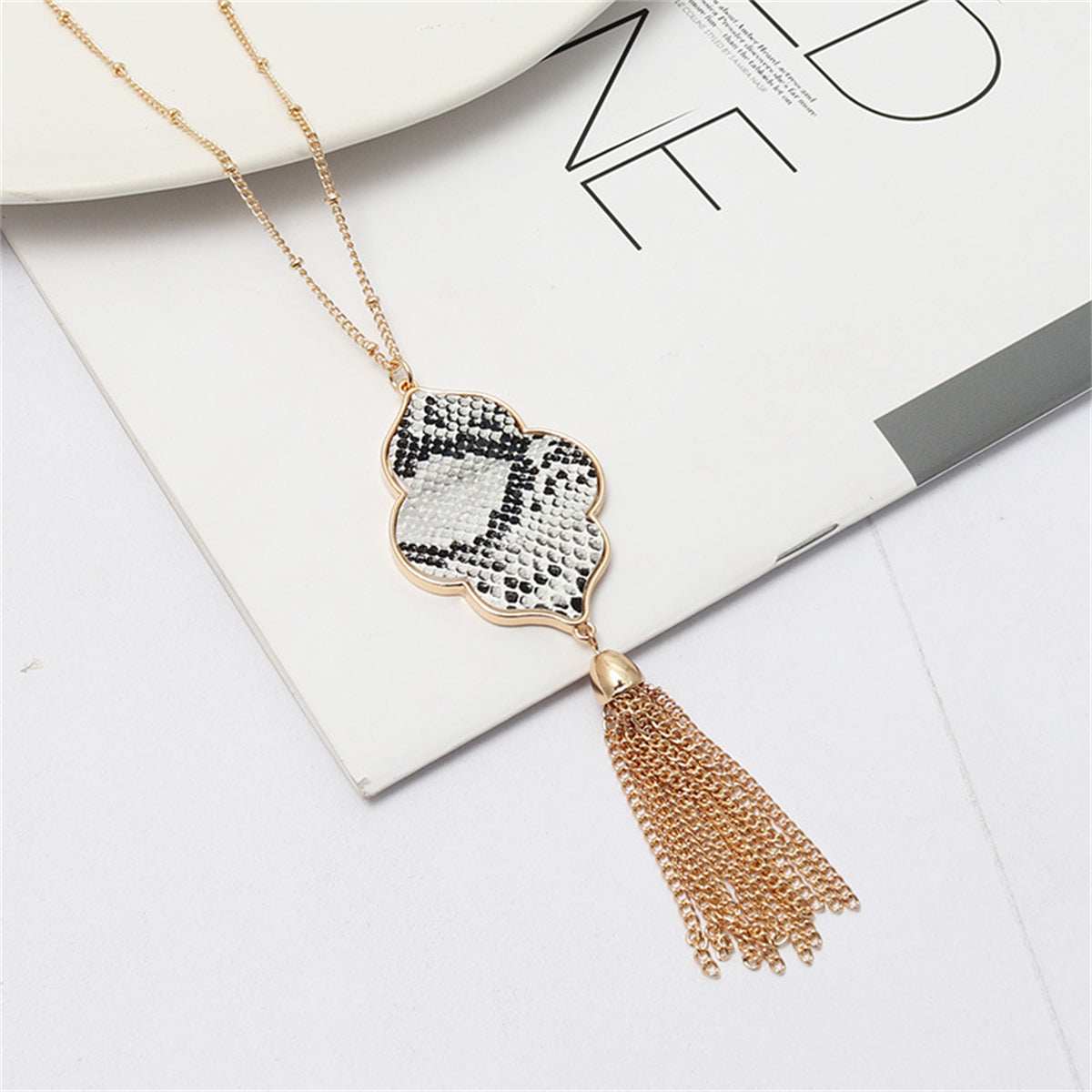 Black Polyurethane & Goldtone Snake-Print Flower Tassel Pendant Necklace