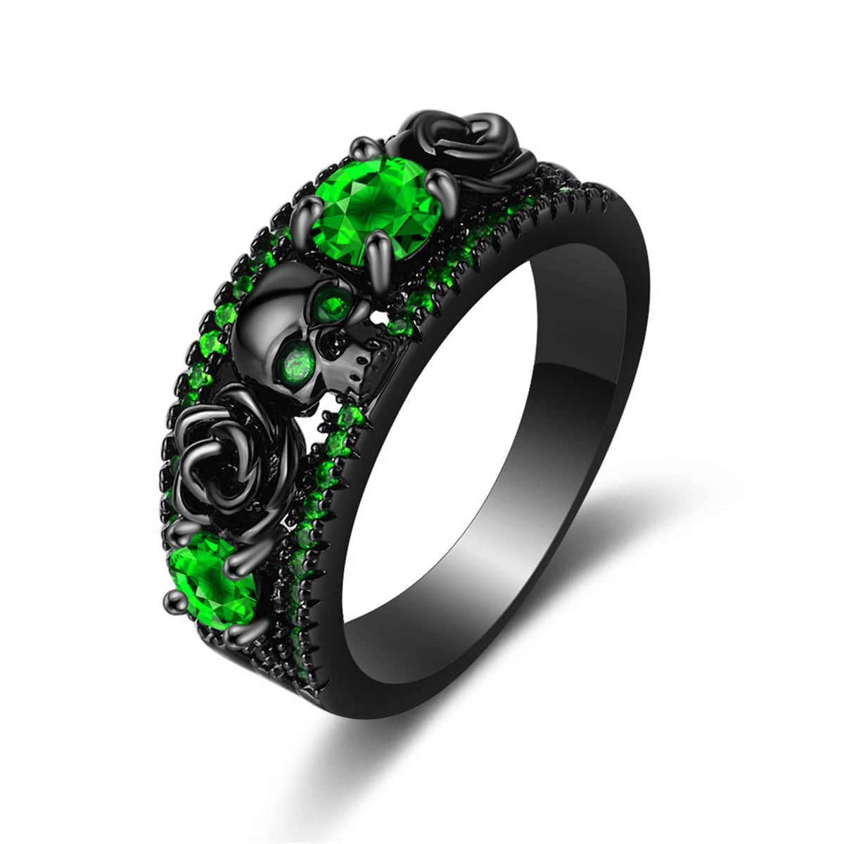 Green Crystal & Cubic Zirconia Skull Rose Ring-1