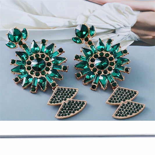 Green Crystal & Cubic Zirconia Sunflower Drop Earrings