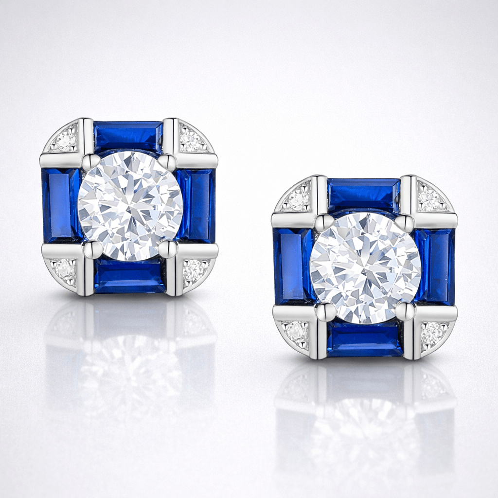 Serling Silver White Gold Plated with Sapphire Blue Cubic Zirconia & Vintage Cushion Geometric Stud Earrings