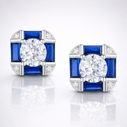 Serling Silver White Gold Plated with Sapphire Blue Cubic Zirconia & Vintage Cushion Geometric Stud Earrings