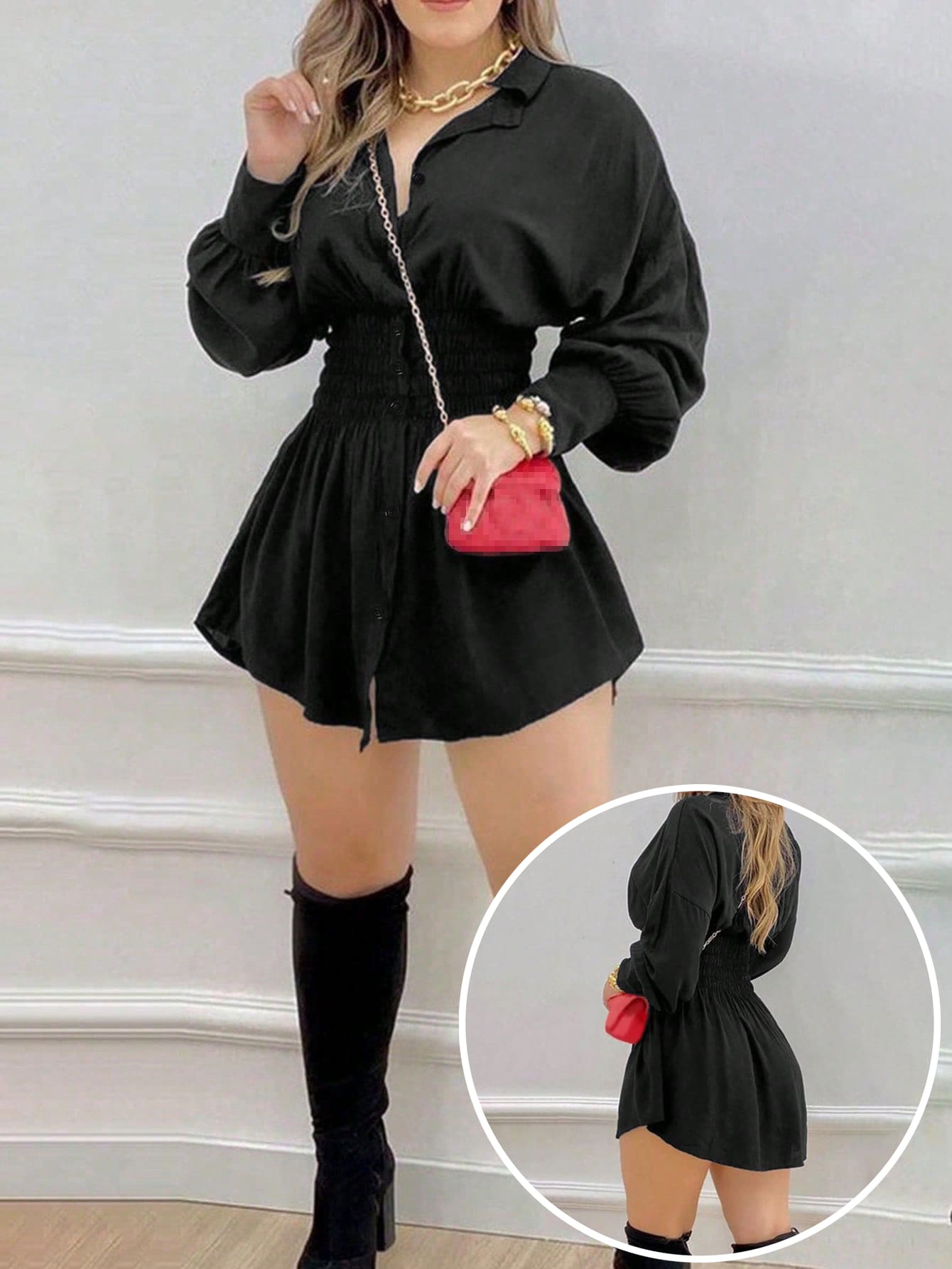 Chic YC Women's Smocked Waist Shirtdress Long Sleeve A-Line Mini Dress Spring Summer Trendy Casual Party Dress BlackGeometricFigure / XL Chic YC Women's Smocked Waist Shirtdress Long Sleeve A-Line Mini Dress Spring Summer Trendy Casual Party Dress BlackGeometricFigure / XL