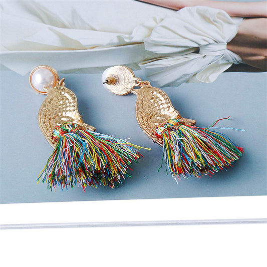 Cubic Zirconia & Crystal Pearl Goldtone Bird Fringe Drop Earrings