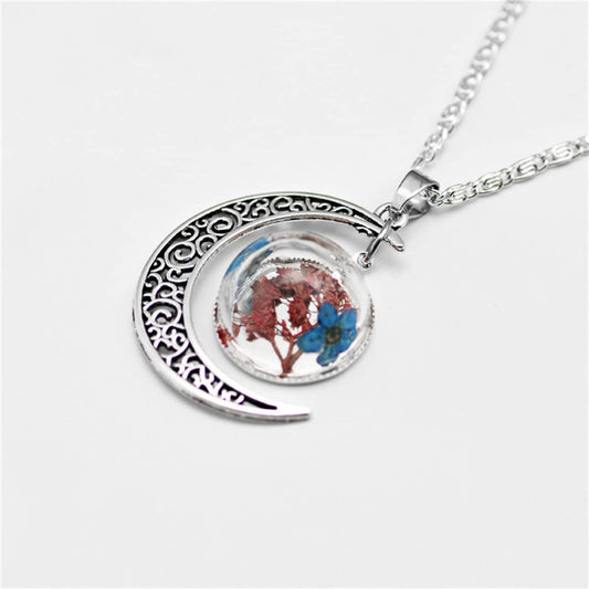 Blue Pressed Flower & Silvertone Filigree Moon Pendant Necklace