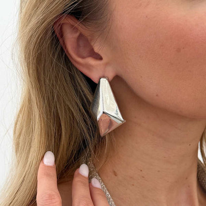 Silvertone 3D Diamond Cut Statement Stud Earrings