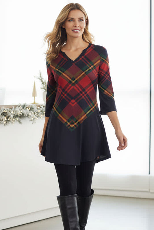 Red & Navy Diagonal Plaid Holiday Tunic-