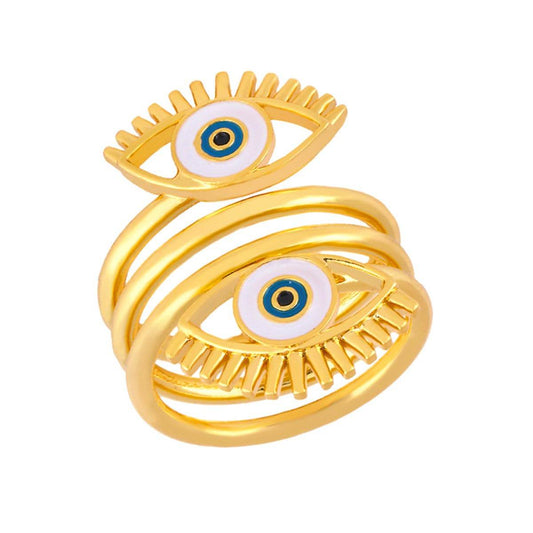 White Enamel & Goldtone Evil Eye Stacked Ring