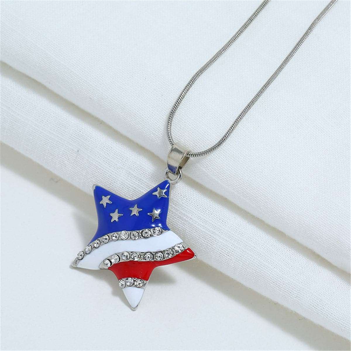 Cubic Zirconia & Silvertone Flag Star Pendant Necklace