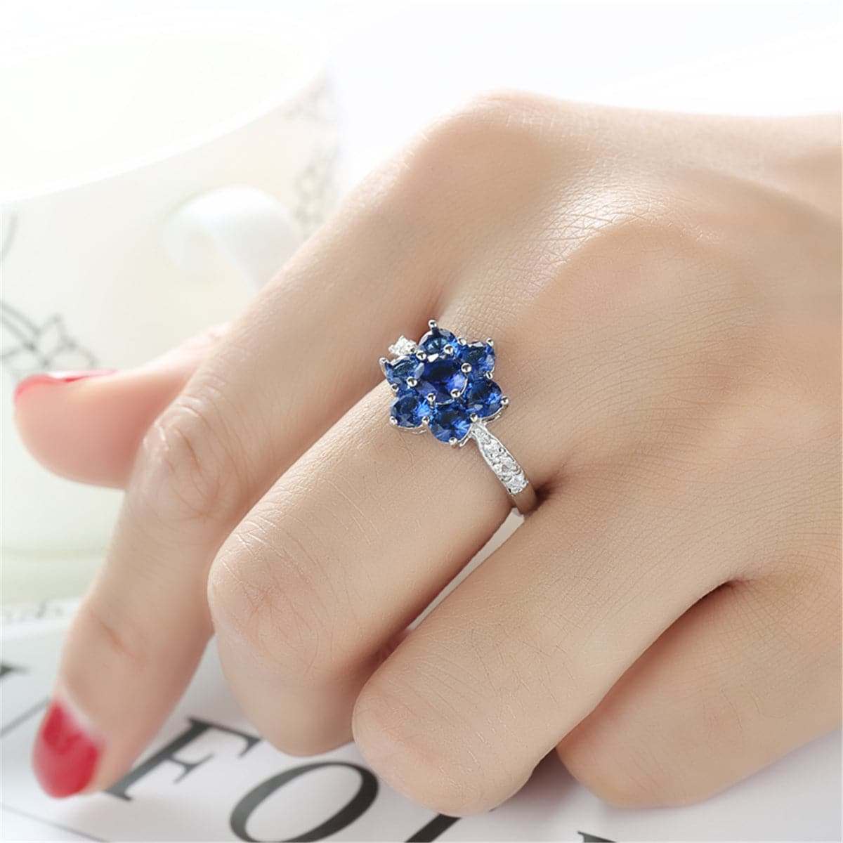 Navy Crystal & Cubic Zirconia Flower Ring-7