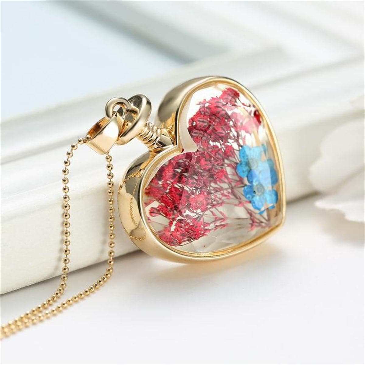 Blue & Goldtone Pressed Flower Heart Pendant Necklace