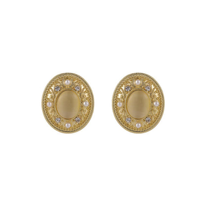 Yellow Cats Eye & Pearl Goldtone Oval Stud Earrings