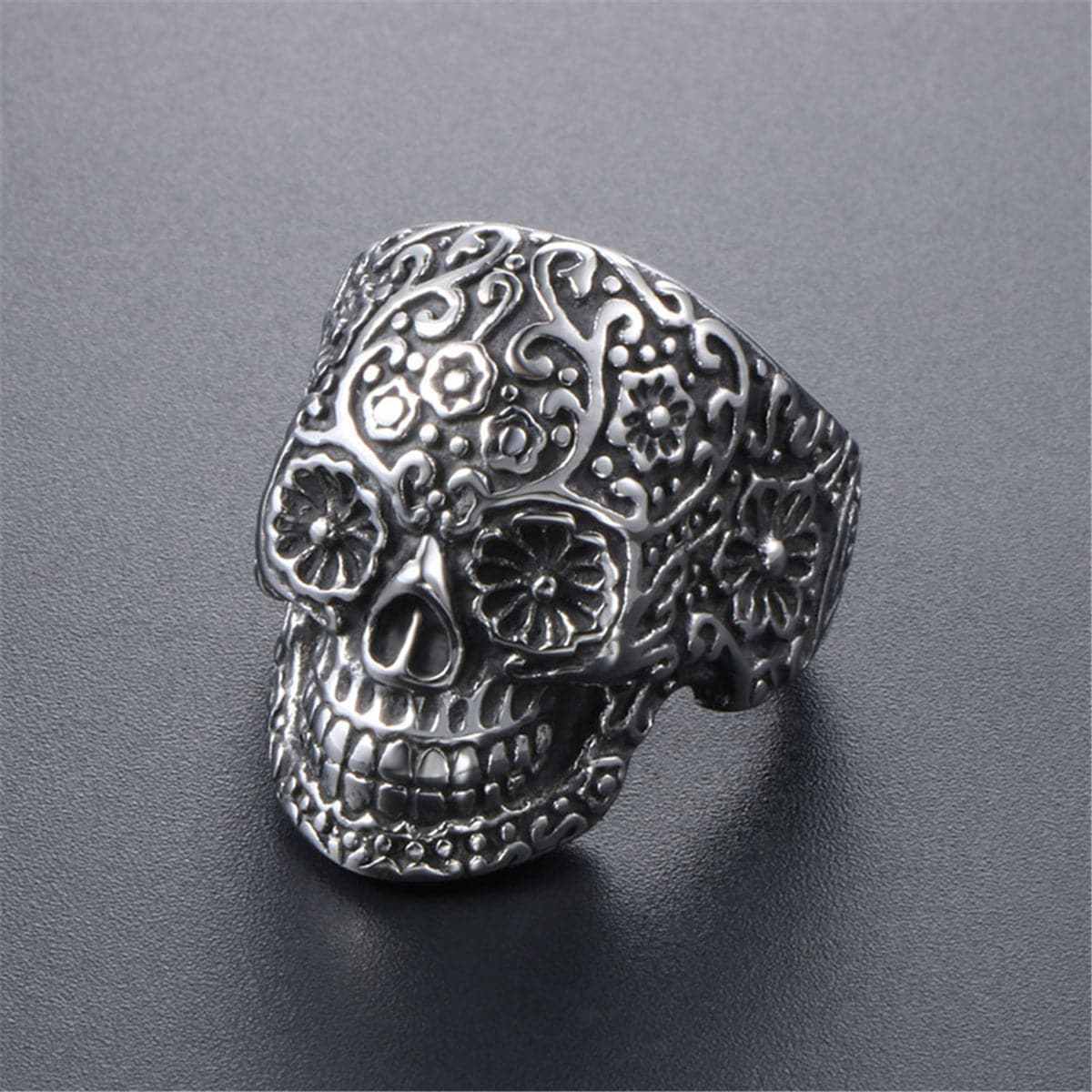 Silvertone Floral Skull Band Ring