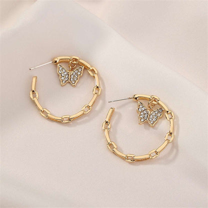 Cubic Zirconia & Goldtone Butterfly Chain Hoop Earrings