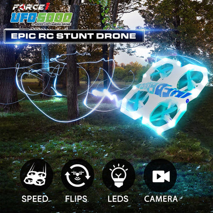 White drone, blue remote control, green and blue propellers-