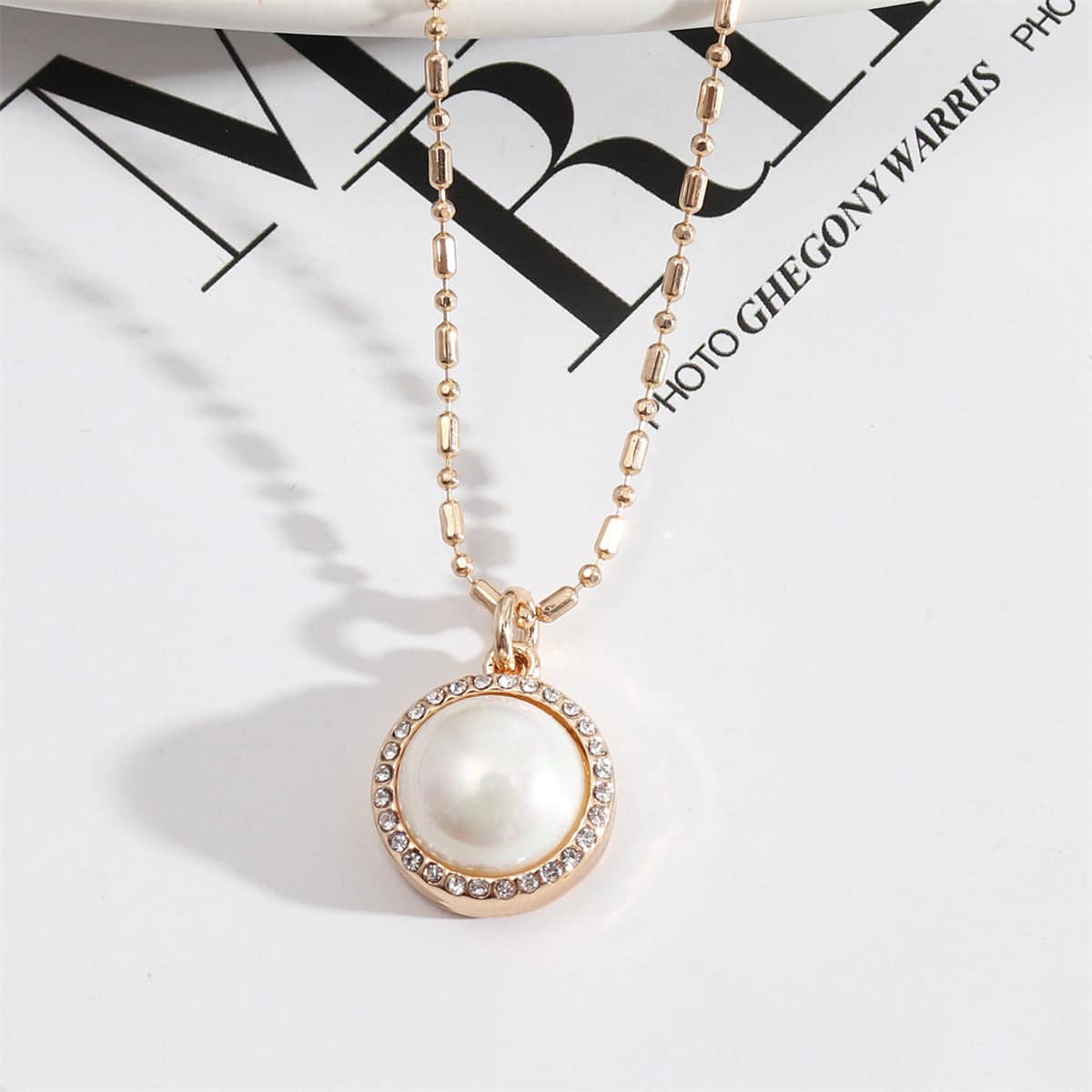 Pearl & Cubic Zirconia Goldtone Ball Chain Halo Pendant Necklace
