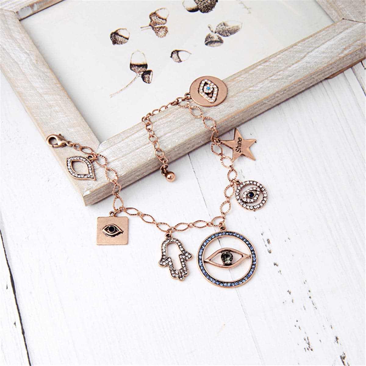 Cubic Zirconia & Goldtone Evil Eyes & Lips Charm Bracelet