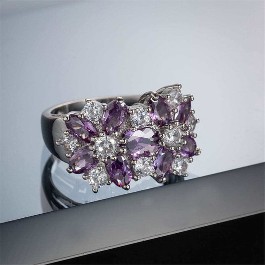Purple Crystal & Silvertone Floral Band Ring