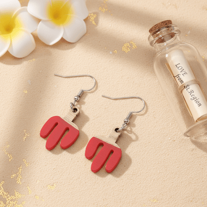 Red Resin & Wood Silvertone Cactus Hook Earrings