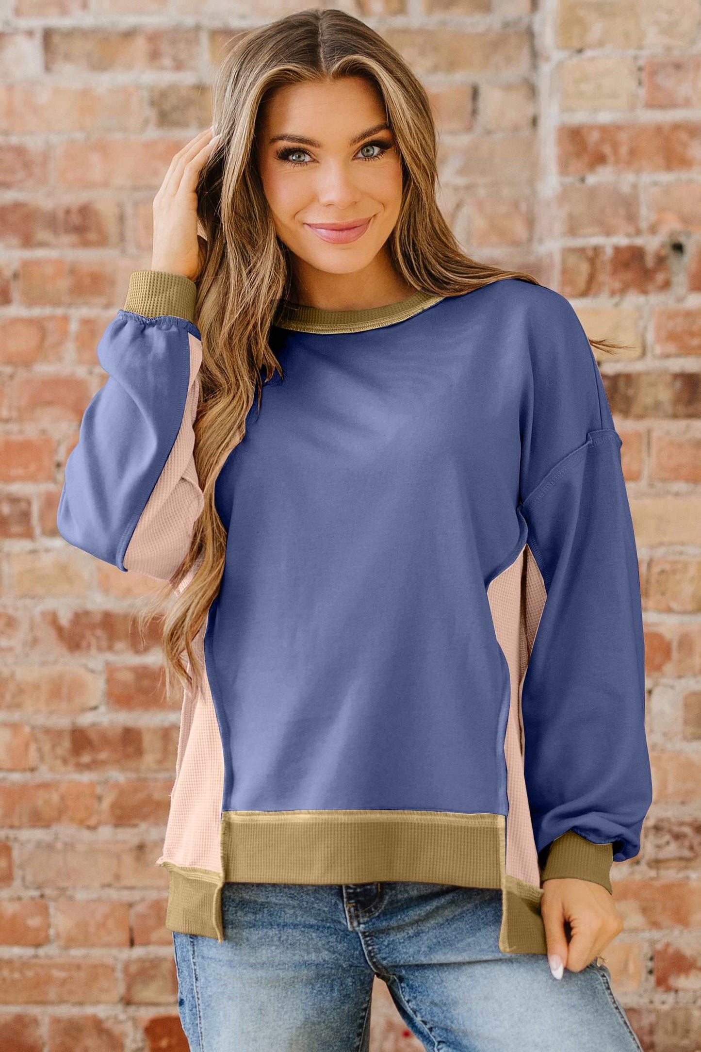 Alaina Waffle Patchwork Oversize Sweatshirt - Wild Wind / L - 12/14