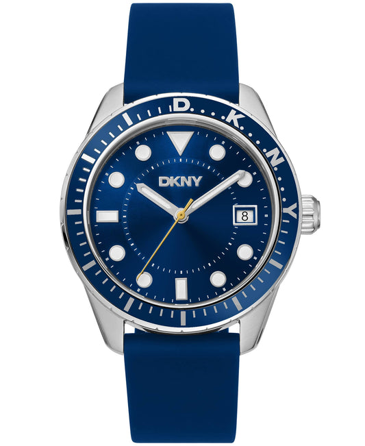 Dkny Men Watch, Silver Color Case, Dark Blue Dial, Blue Silicone Strap, 3 Hands Date, 10 Atm
